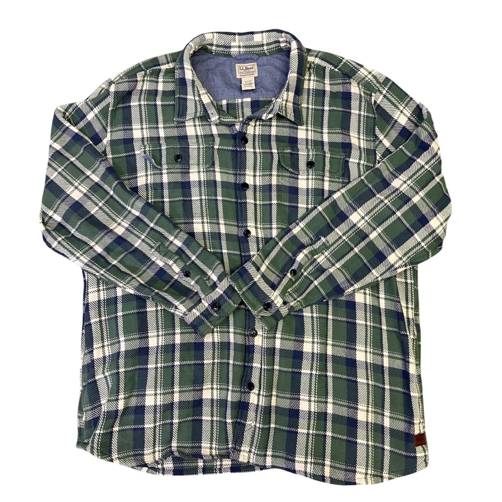 VNTG LL Bean Mens Plaid Flannel Shirt Green Blue Long‎ Sleeve Button Cotton XXL